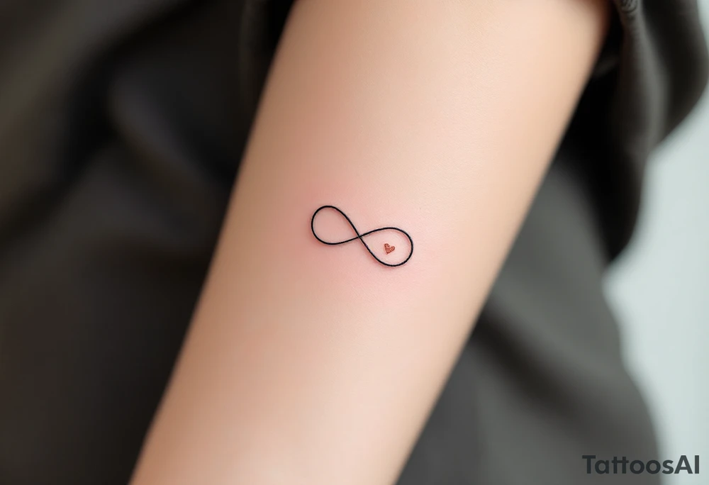 A simple gray infinity outline encircling a small rose-gold heart. tattoo idea