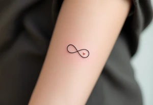 A simple gray infinity outline encircling a small rose-gold heart. tattoo idea