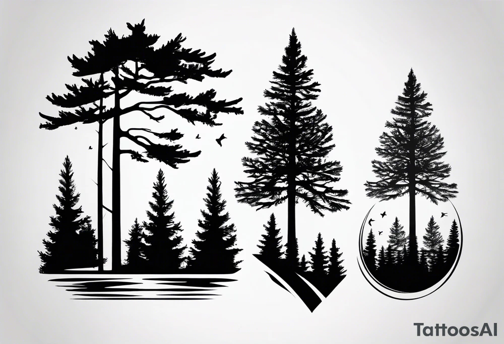 Tattoo with the words "see the forest for the trees" in any style font, around a tree in any way. black and white, tattoo, simple, elegant, pine tree, fine-line, easy to read tattoo idea