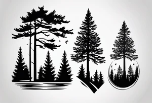 Tattoo with the words "see the forest for the trees" in any style font, around a tree in any way. black and white, tattoo, simple, elegant, pine tree, fine-line, easy to read tattoo idea