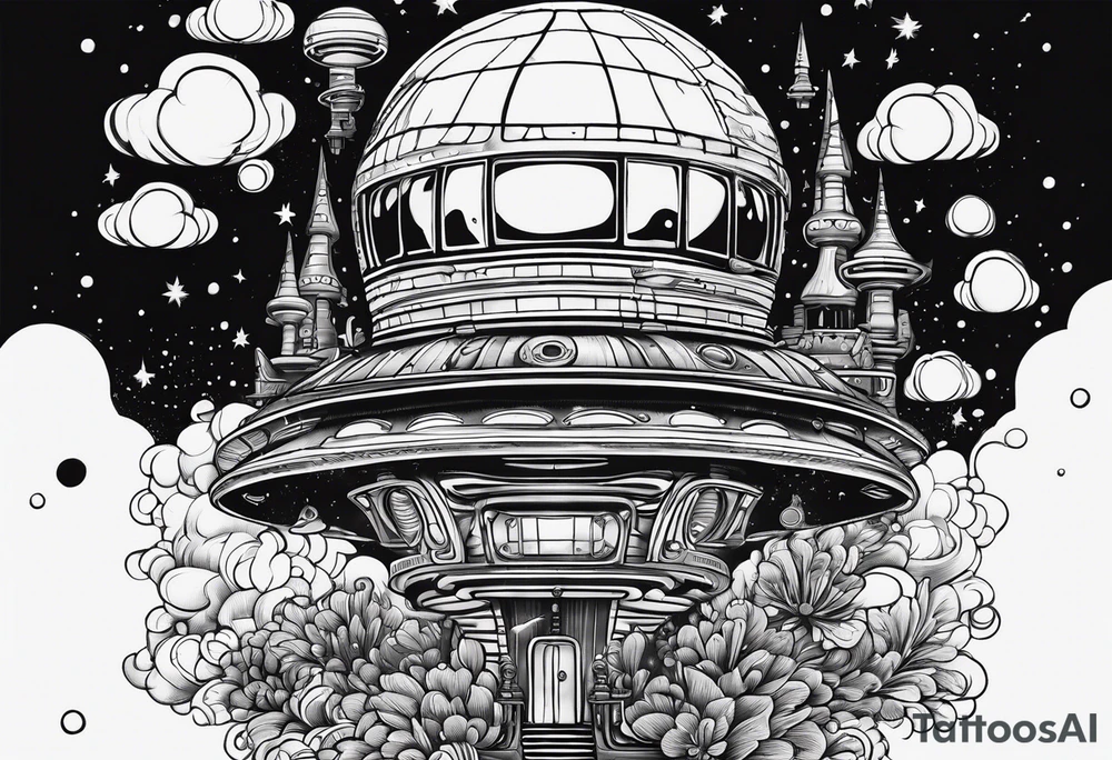 thinner rocketship with a psychedelic mushroom top with fire coming out the bottom bursting out of bubble as the bubble pops tattoo idea