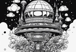 thinner rocketship with a psychedelic mushroom top with fire coming out the bottom bursting out of bubble as the bubble pops tattoo idea