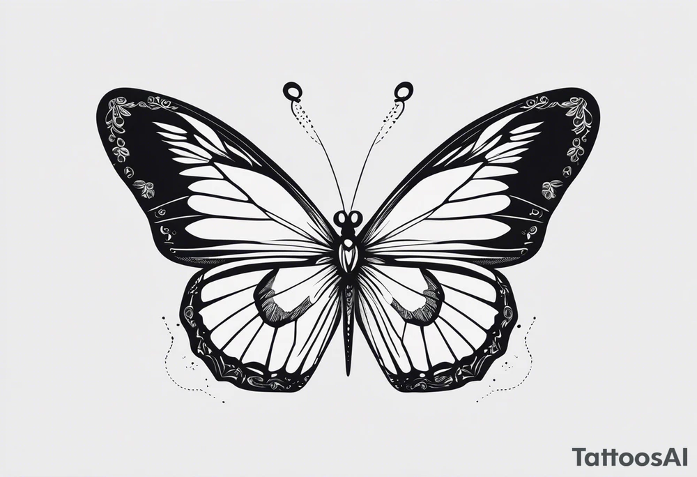 A delicate, black-and-white butterfly with fine, detailed wings, just about to land gently on a fragile minimalistic flower. Both the butterfly and flower are drawn with elegant, minimalist lines, capturing the sense of beauty, fragility, and perfection in their natural harmony. Subtle hints of color tattoo idea