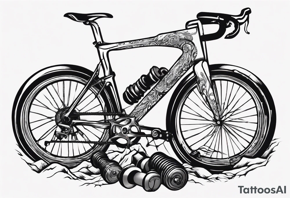 BMC road bicycle on a mountain sitting on a dumbbell tattoo idea