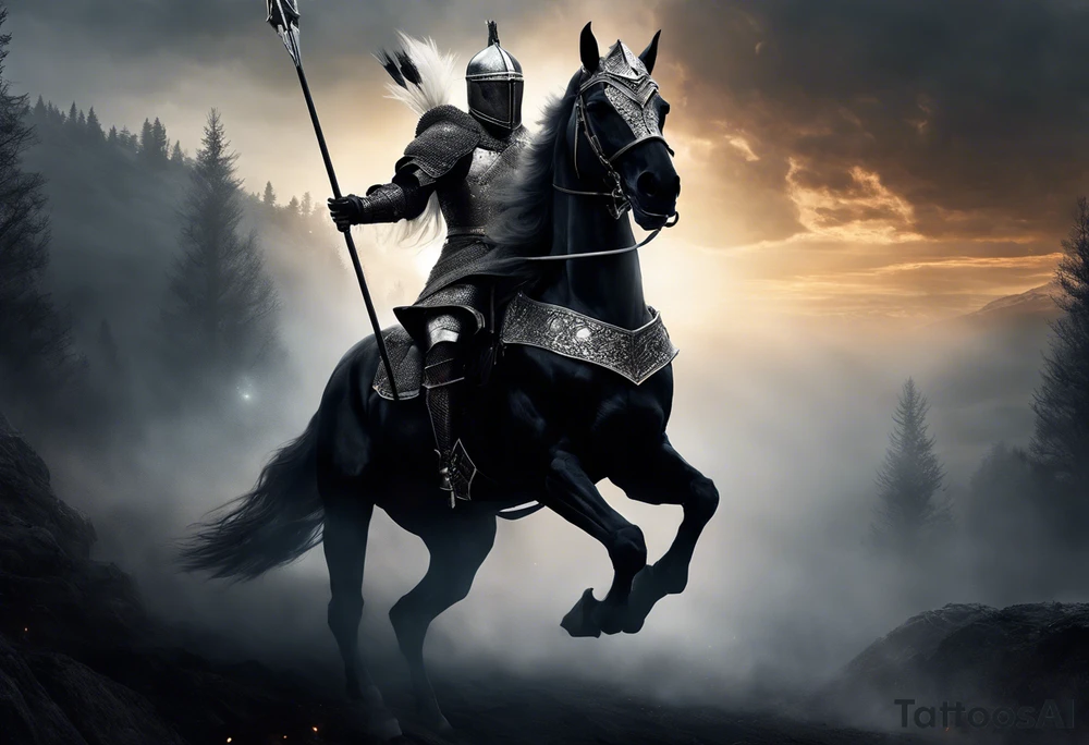 Dark art of the first horseman of the apocalypse. Wearing iron armor with a crown-shaped helmet, carrying a bow and arrows in one hand, he rides a white horse that is strong and slender, wearing shiny ornaments on his face. It is not possible to see the horseman's face, which is obscured by the darkness and fog in the image. It is important that the horseman is facing the image. tattoo idea