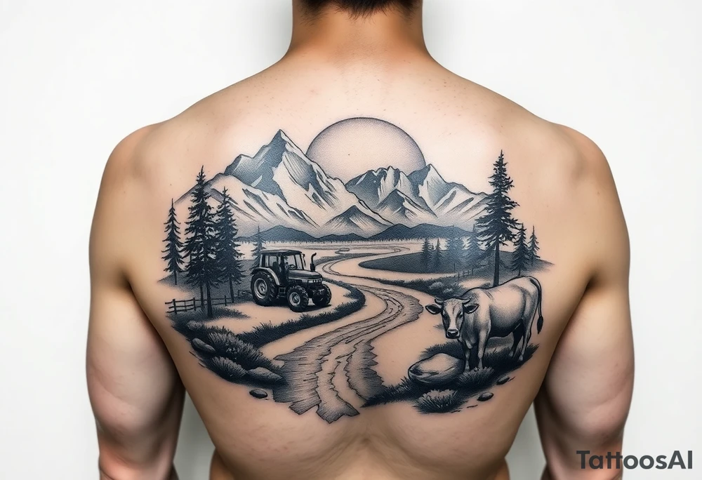 mountian, river, tractor, cow, sunset tattoo idea