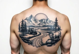 mountian, river, tractor, cow, sunset tattoo idea