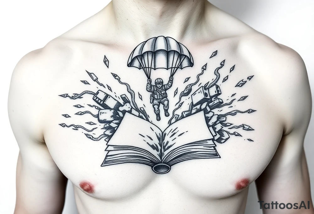 A parachuting soldier landing into an open book. Chaos surrounding, but the book is protecting the soldier from it. On the chest. Make it smaller. Thought provoking tattoo idea