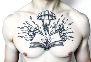 A parachuting soldier landing into an open book. Chaos surrounding, but the book is protecting the soldier from it. On the chest. Make it smaller. Thought provoking tattoo idea