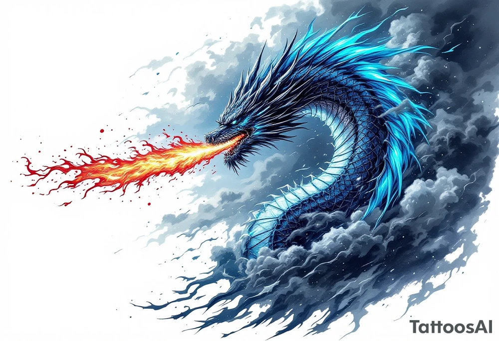 fierce dragon breathing iridescent fire against stormy skies tattoo idea