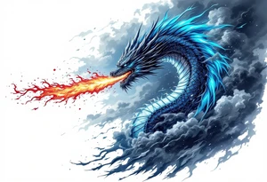 fierce dragon breathing iridescent fire against stormy skies tattoo idea