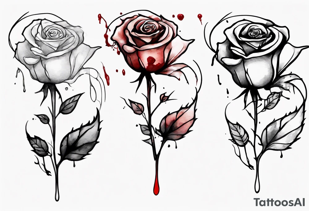rose flower, one line, blood dripping from the flower, tall, watercolor tattoo idea