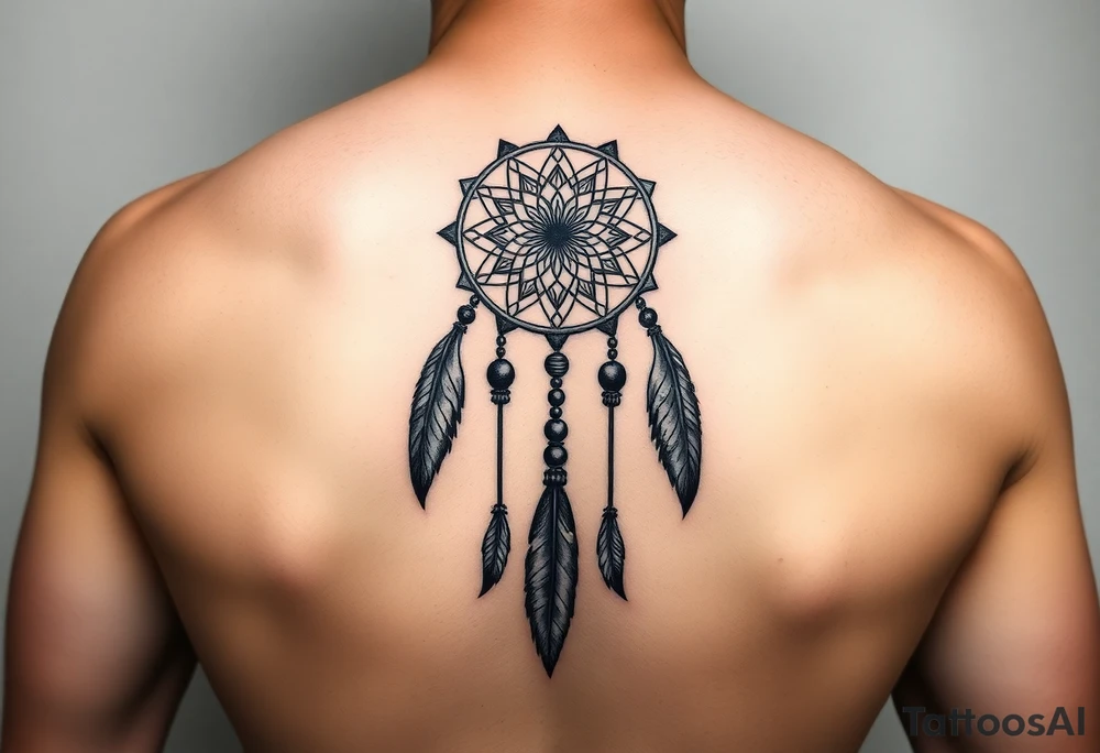 native dreamcatcher with flowing feathers and sacred beads tattoo idea
