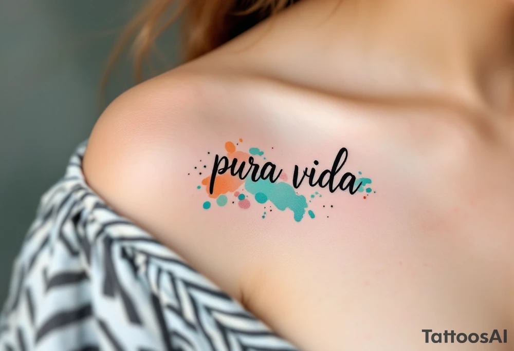 Handwritten “Pura Vida” with watercolor splashes of turquoise, sunset orange, and seafoam green. tattoo idea