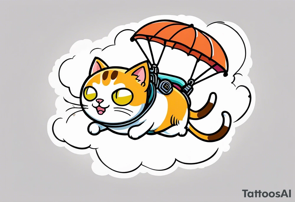 cat going skydiving with parachute in the rick and morty style tattoo idea