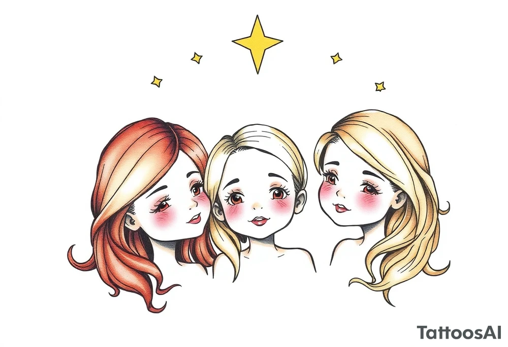 3 petites filles ( une brune et deux blondes)
sous un arc en ciel pas fini tattoo idea