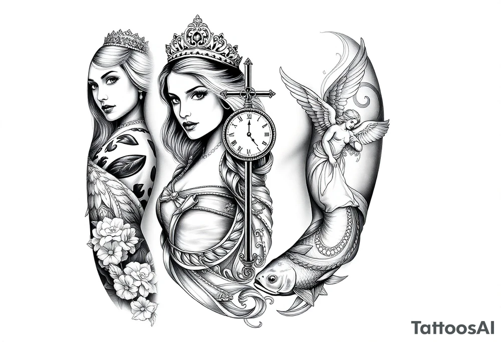 Princess and beautifully lady and a clock and cupido angels an jesus on cross and carp fish tattoo idea