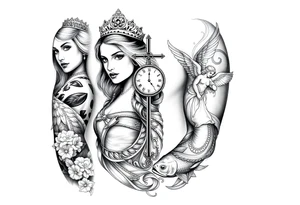 Princess and beautifully lady and a clock and cupido angels an jesus on cross and carp fish tattoo idea