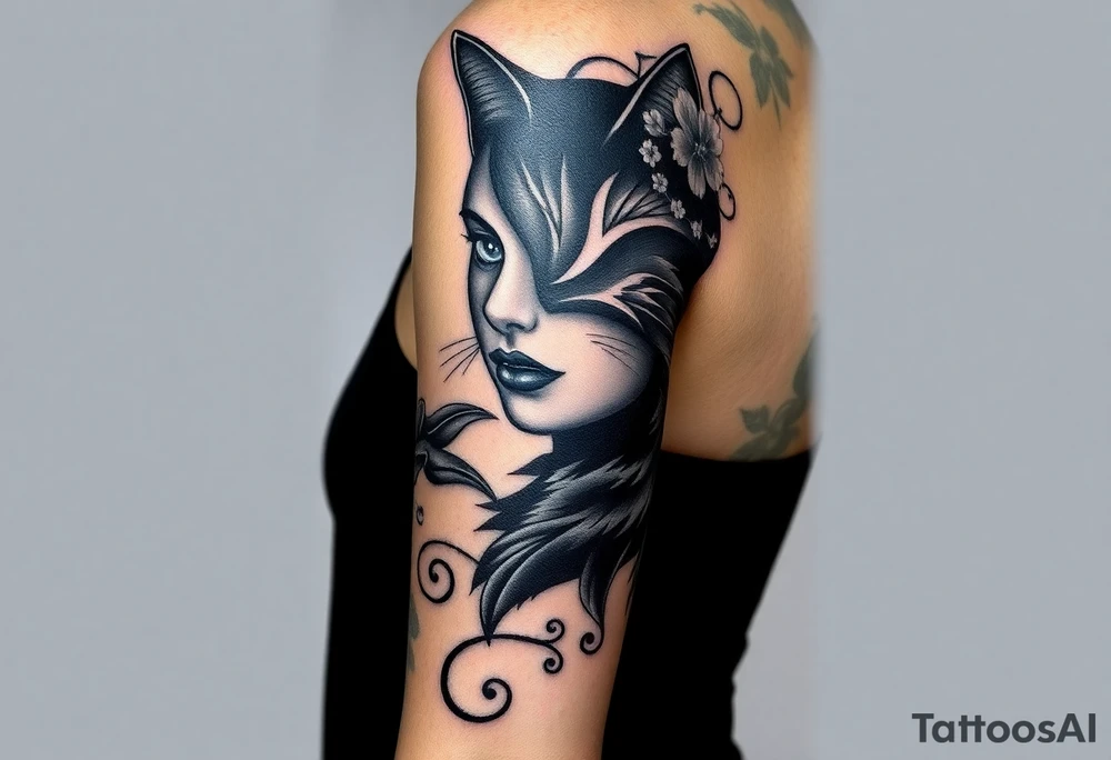 women face with cat gothic tattoo idea