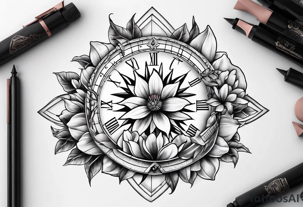 sundial with magnolia flowers tattoo idea