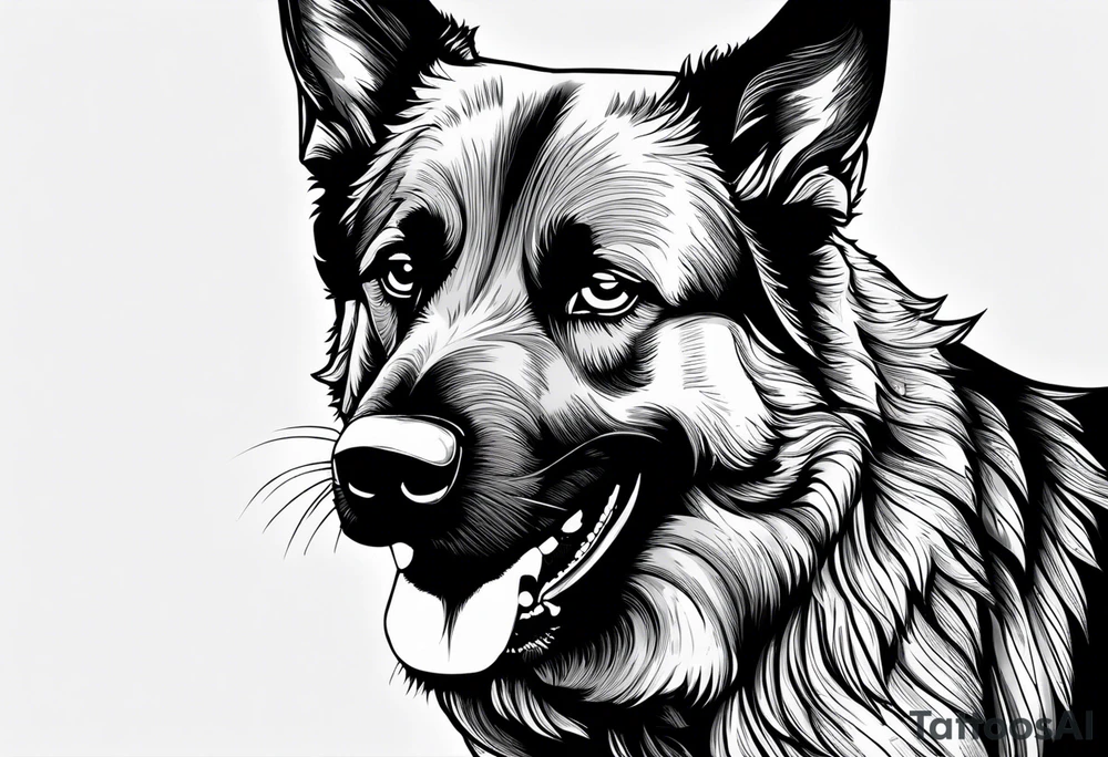 Create aggressive, vicious dog, with some blood coming out of his mouth and saliva. Make it a drawing and use the image of reference. I am going to add. I want HIM TO BE ANGRY WITH RED EYES use VICIOUS German shepherd tattoo idea