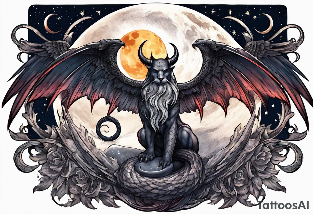 Devil in form of half snake half male angel surround the moon in the night sky tattoo idea