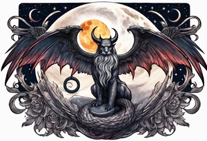 Devil in form of half snake half male angel surround the moon in the night sky tattoo idea