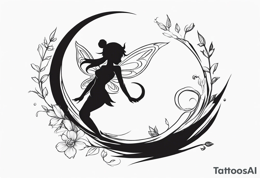 No color sketch of a fairy with a tail inspired by the guild symbol in the anime show called Fairy Tail in a fetal position leaning in and forward while crawled in tattoo idea