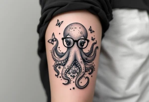 cute octopus, wearing glasses, friendly, surrounded by butterflies and oceanic items, grey ink, monochrome grey color tattoo idea