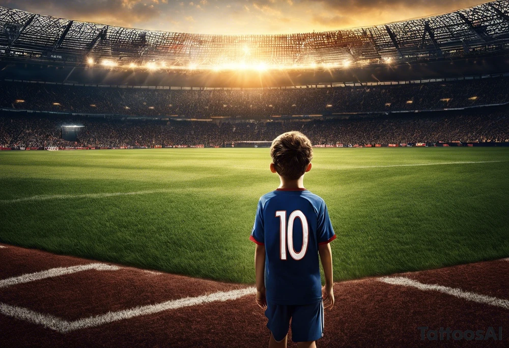 A little boy with the number 10 on his back walking into a stadium with a cross above it and a saying Roman’s 8:18 “ the pain you are feeling today, can’t compare to the joy to come tomorrow.” As well with 5 stars around it and in each star I want the number 15, 2 , 25, 27, 2 . tattoo idea