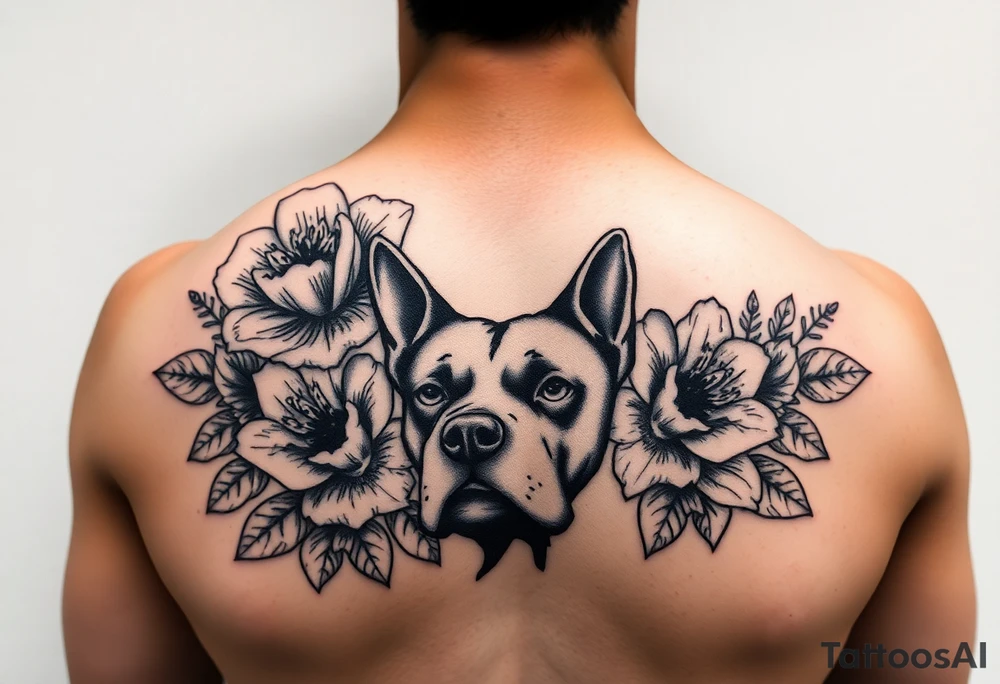 Floral design with peonies with an silhouette outline of a dogs face tattoo idea