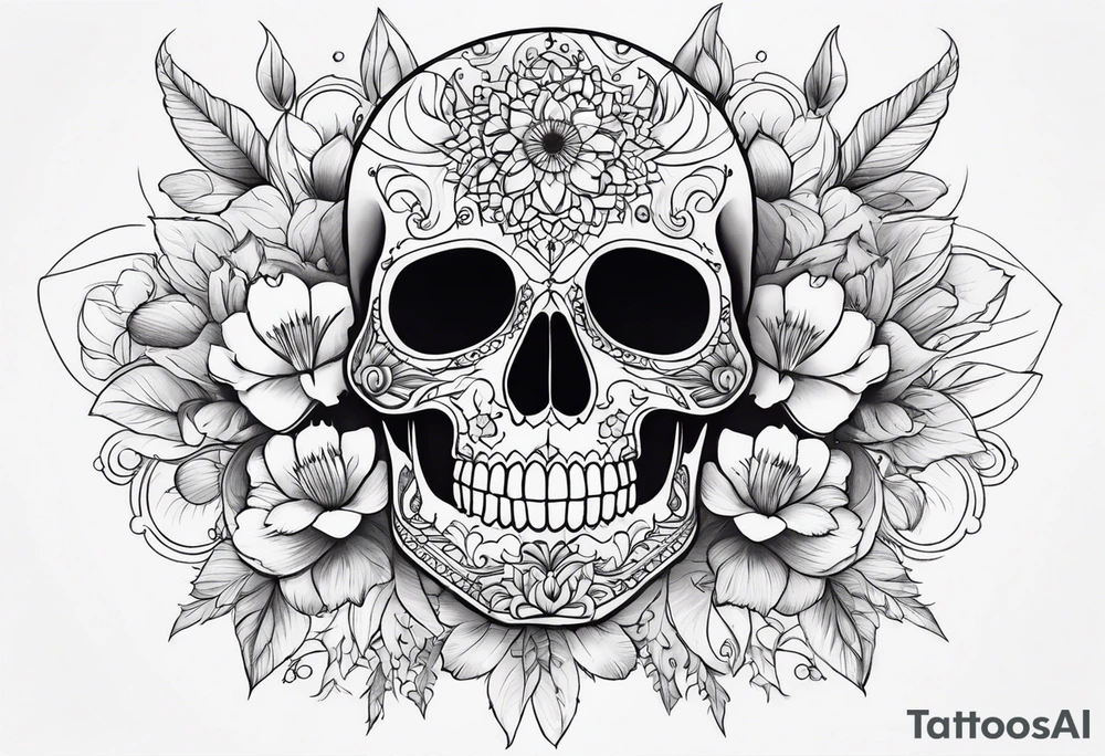 Draw me a realistic skull with black cigarette smoke out of his mouth add some flowers underneath with some mandalas at the bottom tattoo idea
