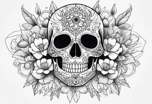 Draw me a realistic skull with black cigarette smoke out of his mouth add some flowers underneath with some mandalas at the bottom tattoo idea