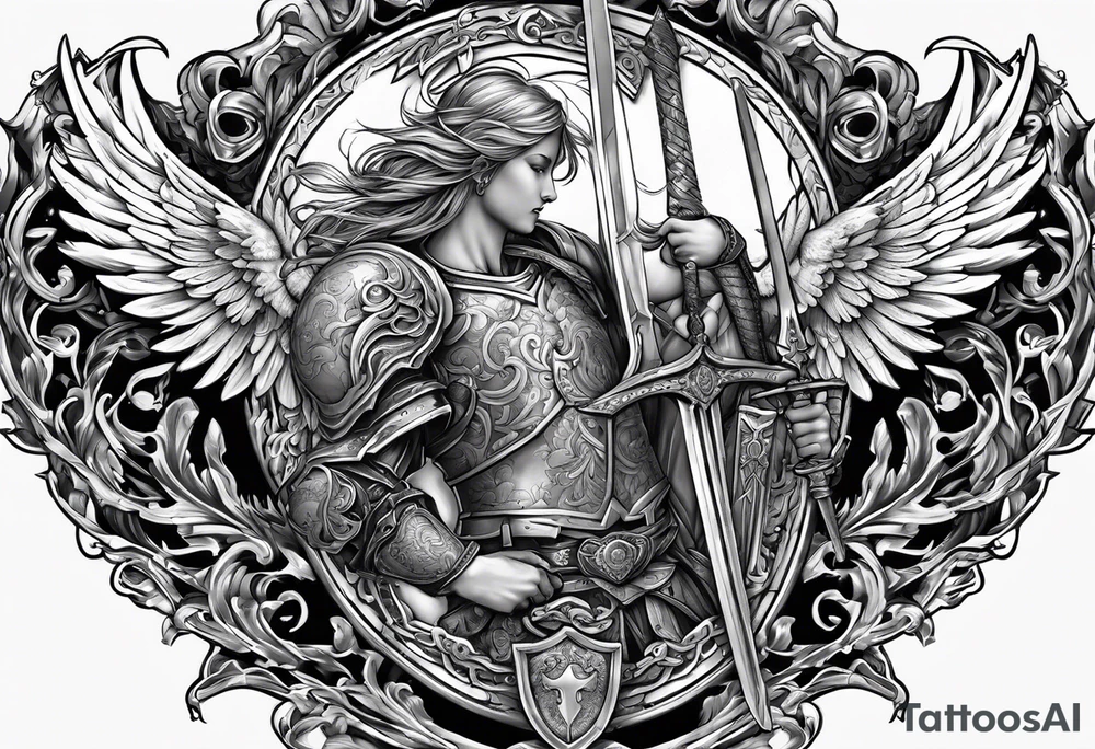 Angels with sword & Shield in sky tattoo idea