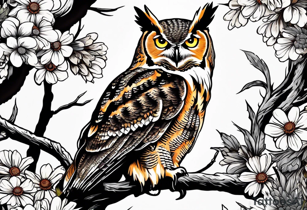 Great horned owl on a branch with coneflowers surrounding tattoo idea