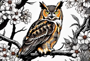 Great horned owl on a branch with coneflowers surrounding tattoo idea