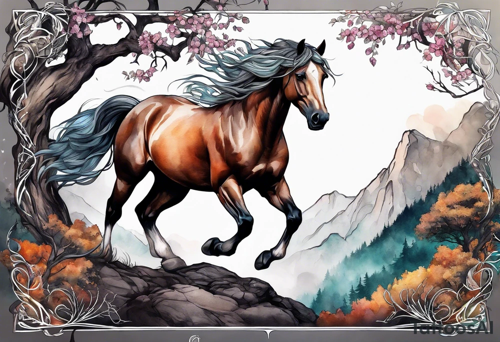 Realistic Horse and Yggdrasil tree tattoo idea