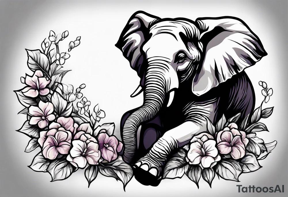 Seated elephant with raised trunk holding lilacs tattoo idea
