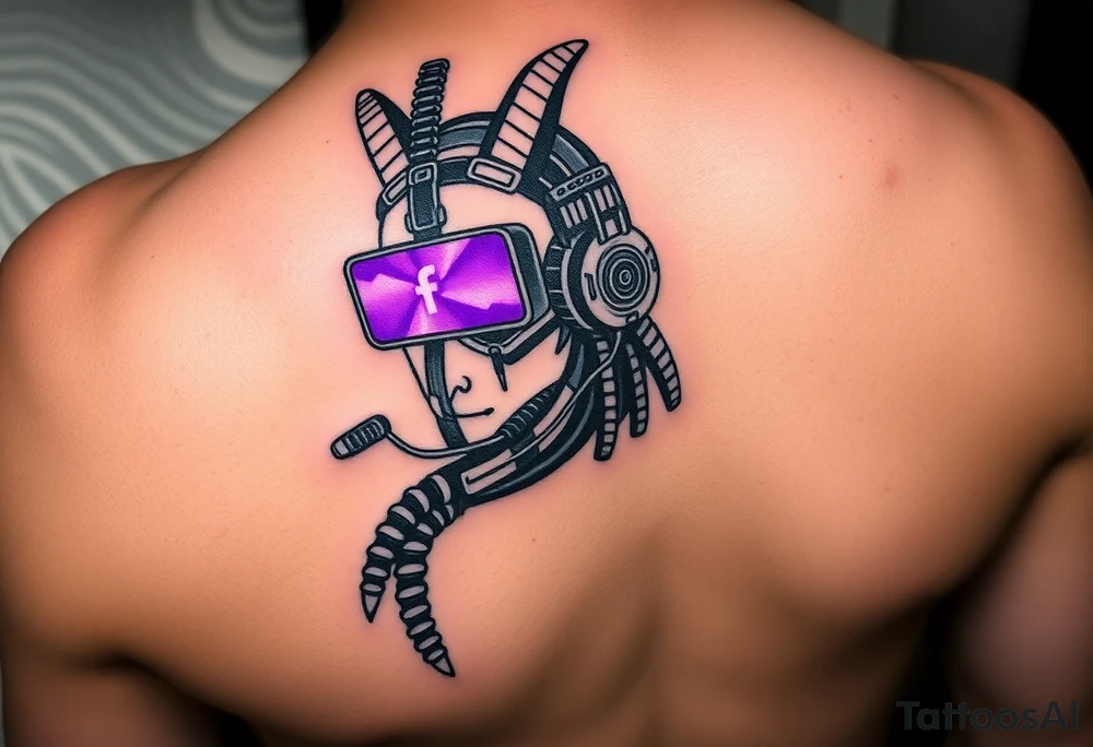 "Anubis with streamer headset, broadcasting to:  
- Left eye: Twitch chat ('F in chat for humanity')  
- Right eye: Дзен-просветление (ASCII-арт мандалы)  
Title: *'Unboxing your afterlife (4K 60fps)'*.  

Style: Digital trash art. Purple/black. Thigh." tattoo idea