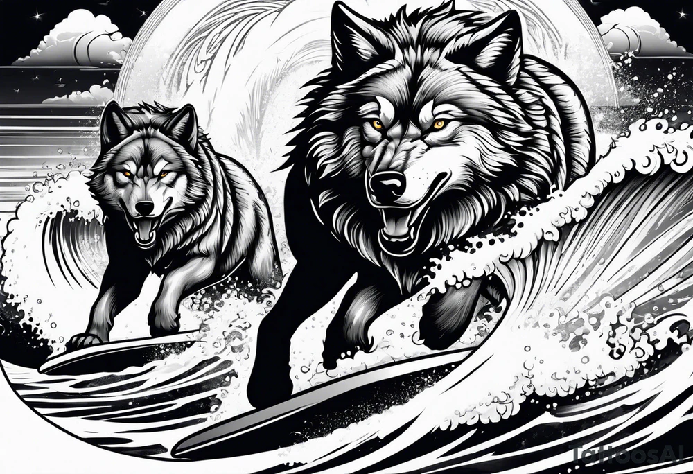 a pack muscular of wolves surfing tattoo idea