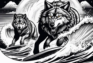 a pack muscular of wolves surfing tattoo idea