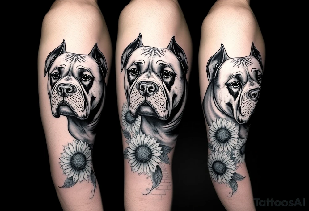 Multiple very thick muscled up pitbulls' portraits fading into the background as filler incorporate sunflowers, an old road made from pavers tattoo idea