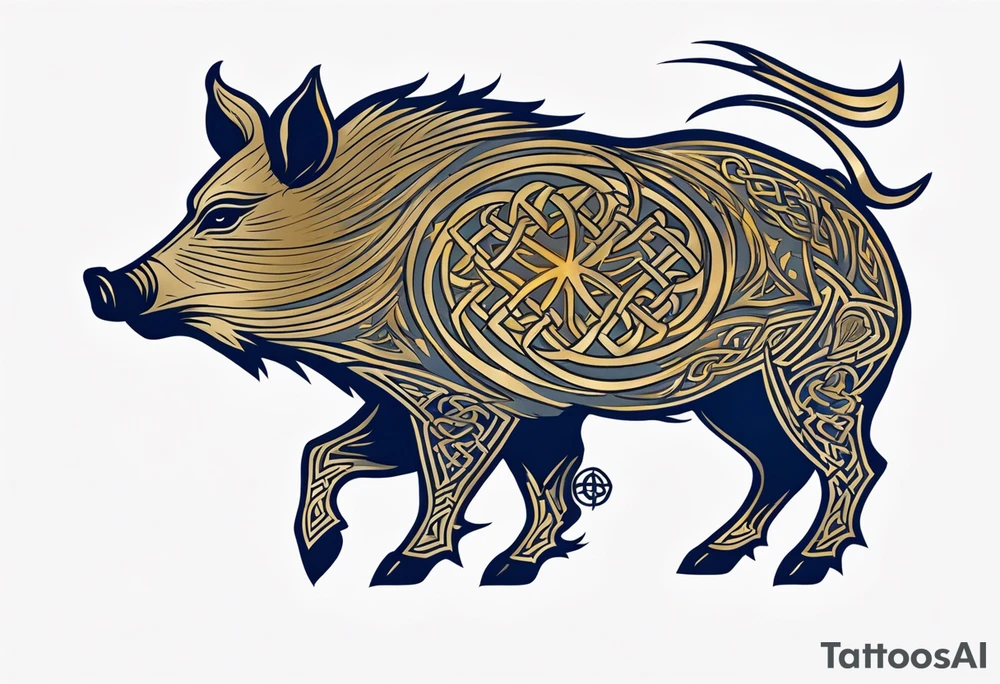 Side profile, Celtic, tribal, wild boar, On a Chatwin family crest with blue background, two gold stars, and a gold Chevron, and a Thistle tattoo idea