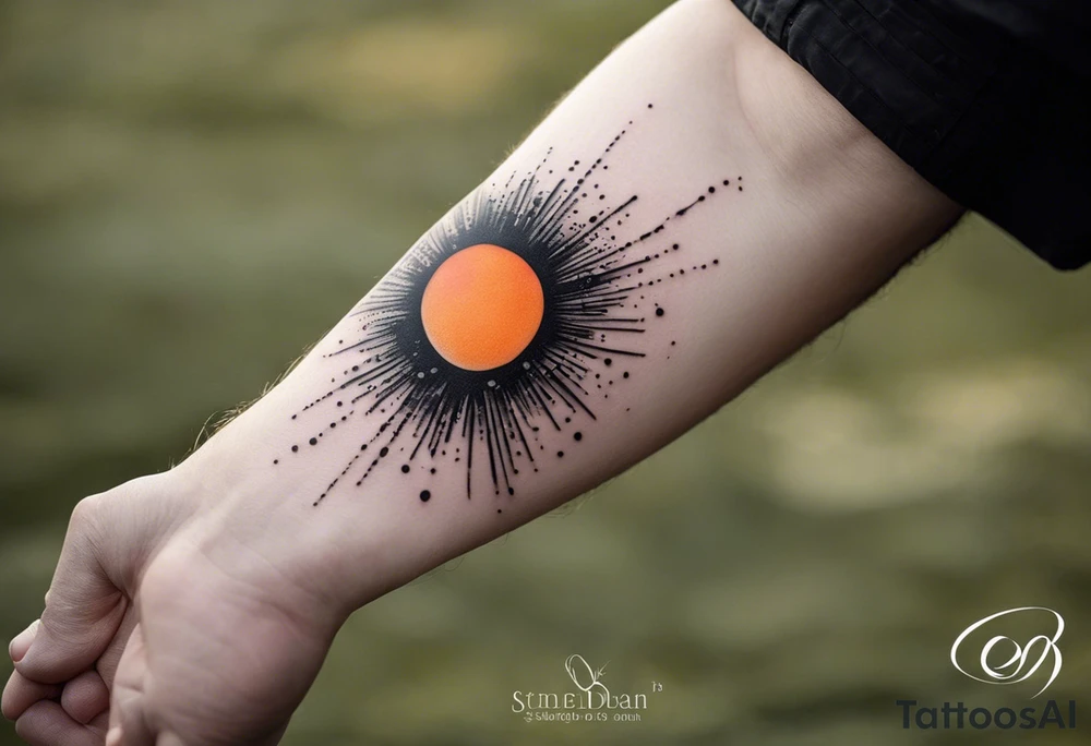 This is an extremely simple and minimalistic tattoo on male forearm. It is black and white with minuscule splashes of orange from the sun. The tattoo 4 inches wide by 2 inches tall. It is NOT a circle. From the perspective of being on the ocean, Water is calm, with no waves in sight, the sun is setting behind the ocean, reflecting light onto the water. The water has shading. tattoo idea