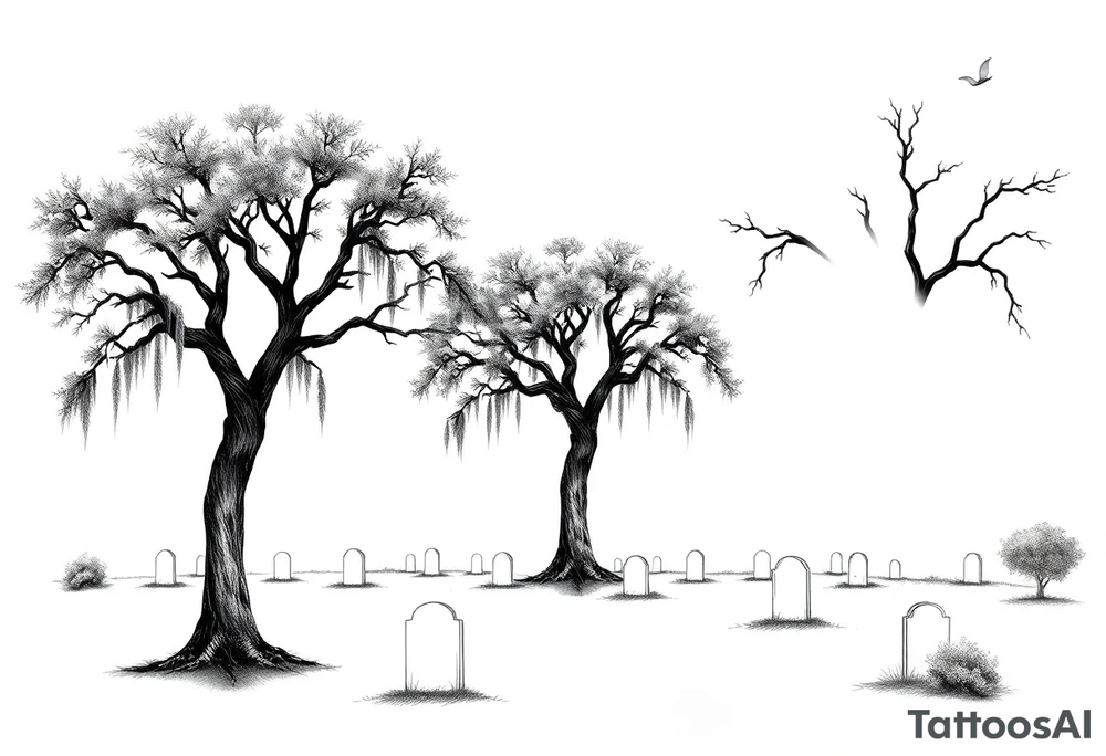 Oak trees with Spanish moss in a cemetery tattoo idea