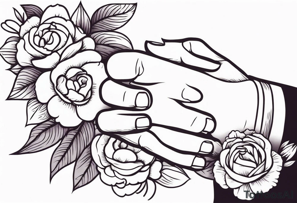 hands praying with flowers simple bold tradional old school style bold colors tattoo idea
