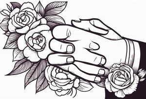 hands praying with flowers simple bold tradional old school style bold colors tattoo idea