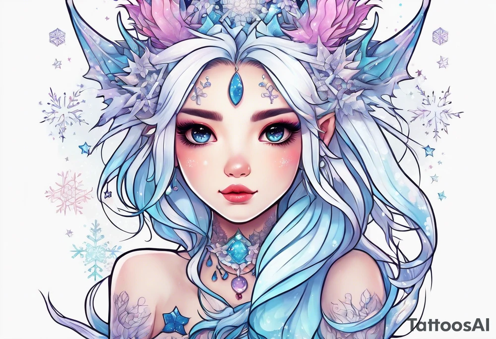 Constellation, kawaii dragon girl , snowflake tattoo idea
