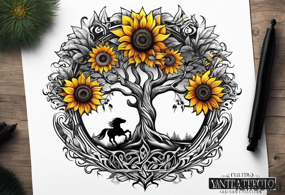 Yggdrasil tree, horse, sunflower tattoo idea