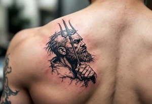 close-up muscular man with trident tattoo idea